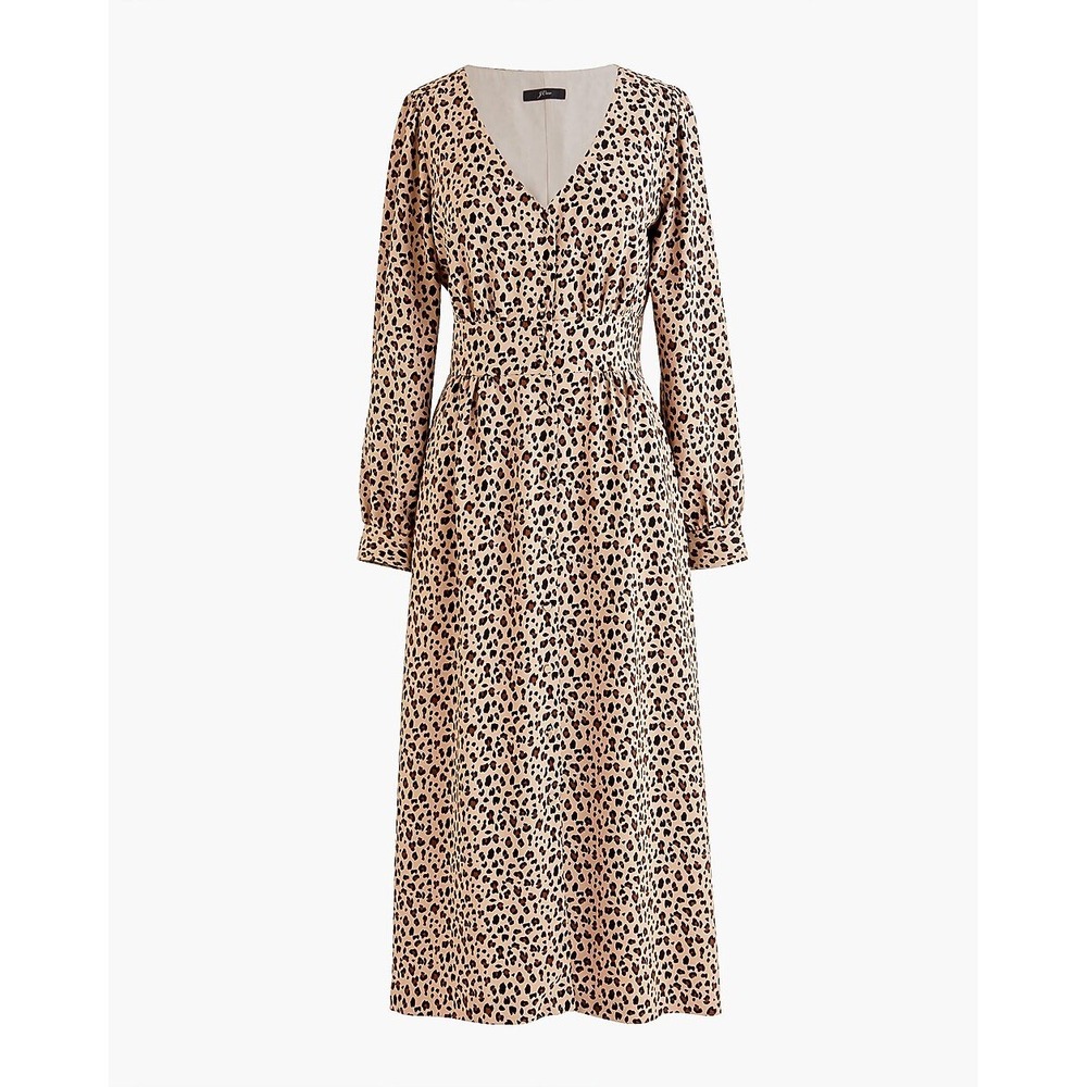 J.Crew Midi Dress Tan Leopard Print V-Neck Long Sleeve Button Front Size 12